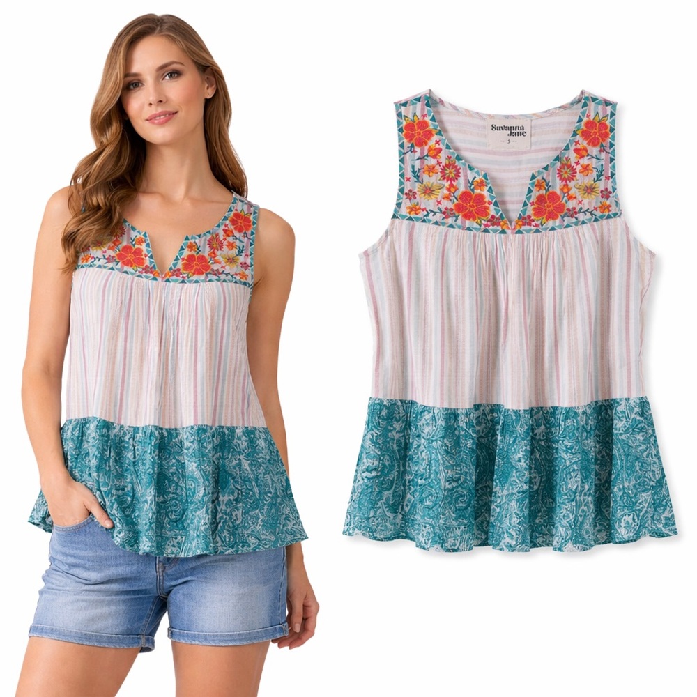 Savanna Jane Floral Embroidered Boho Top Teal Paisley Small